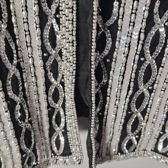 VTG Carina Silk Sequin Beaded Blazer Sz Lg Silver Black Holiday Evening Jacket - Picture 3 of 8